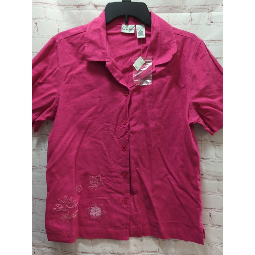 Kim Rogers M Medium Pink Linen blend button front shirt top blouse  flowers